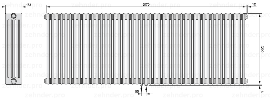 Схема (чертеж) Радиатор Zehnder Charleston 5220/45 №5410 Белый глянцевый RAL 9016